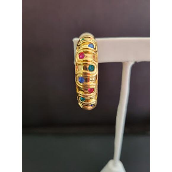 Swarovski Hoop Earrings Gold Plated with Jewel Tone Crystals Clip On Swan Signed - Picture 3 of 9